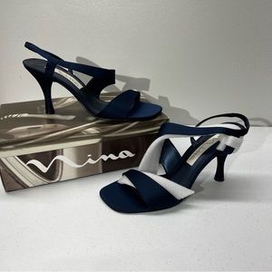 Nina Women’s Royal Blue Satin Spool Peep Toe Strappy Slip on Heels - size 9